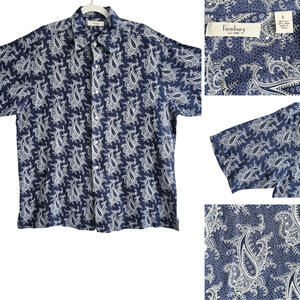 Turnbury Mens Shirt Large Silk/Linen Blend Navy w/ White Paisleys Button Front